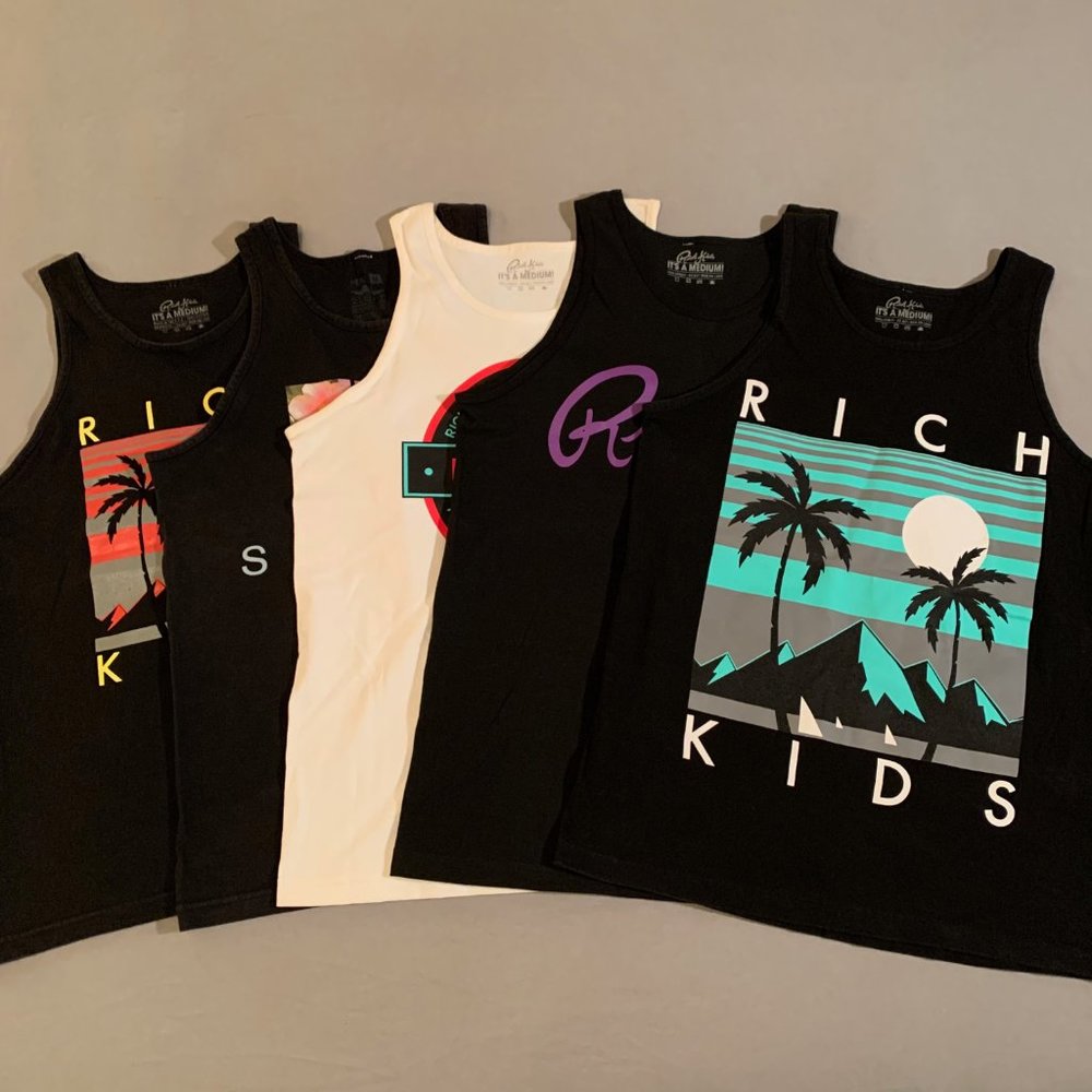 (5) Rich Kids / Fly Society Graphic Tank Tops Black White Palm Trees Floral